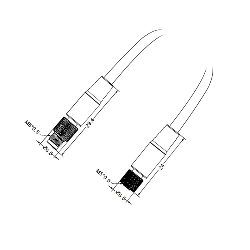 M5 3pins A code male to female straight cable,unshielded,PUR,-40°C~+105°C,26AWG 0.14mm²,brass with nickel plated screw